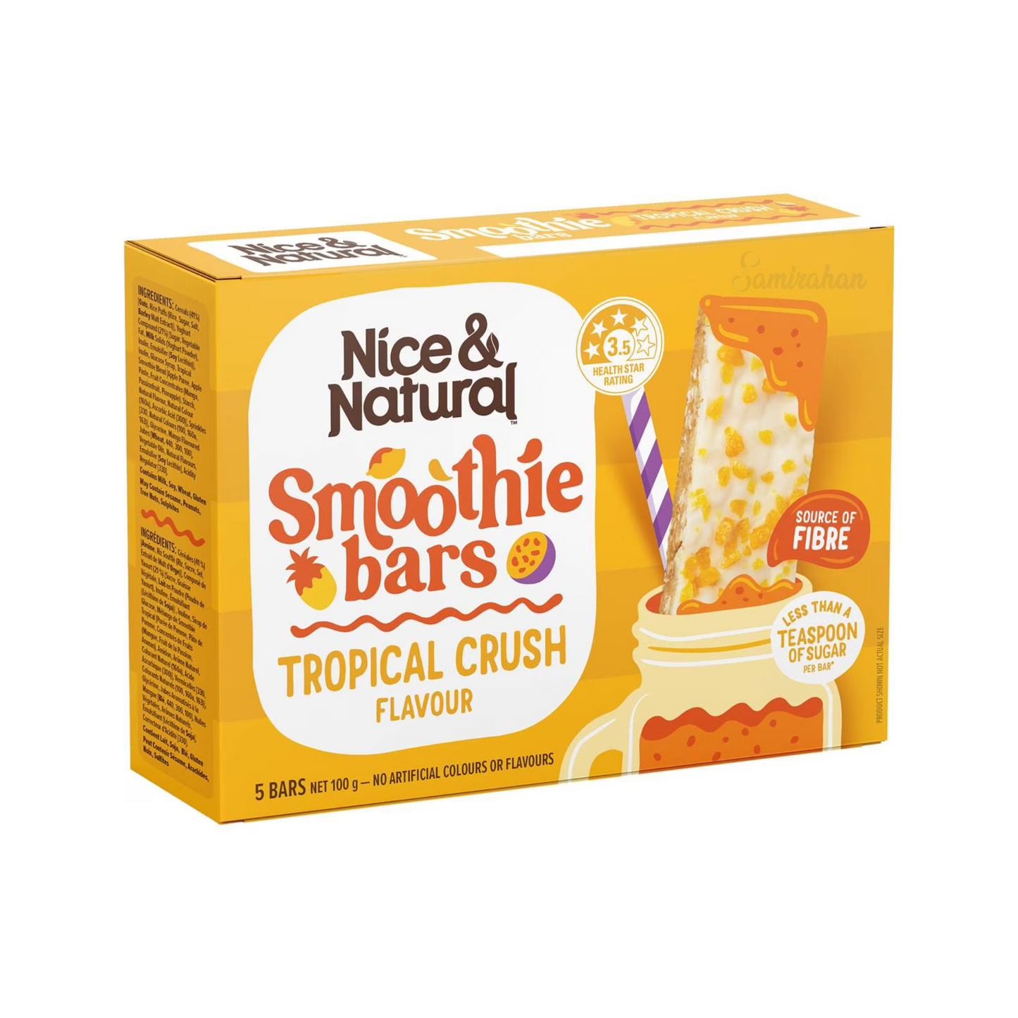 Nice & Natural Smoothie Bar Tropical Crush, made with oats & rice puffs, is a source of fibre & has less than a teaspoon of sugar per bar. Best imported foreign Australian Aussie authentic original genuine premium luxury gift ideas fitness health food snack cereal breakfast healthy eats price in Dhaka Bangladesh.