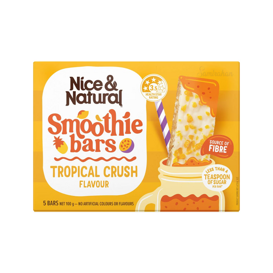 Nice & Natural Smoothie Bar Tropical Crush, made with oats & rice puffs, is a source of fibre & has less than a teaspoon of sugar per bar. Best imported foreign Australian Aussie authentic original genuine premium luxury gift ideas fitness health food snack cereal breakfast healthy eats price in Dhaka Bangladesh.