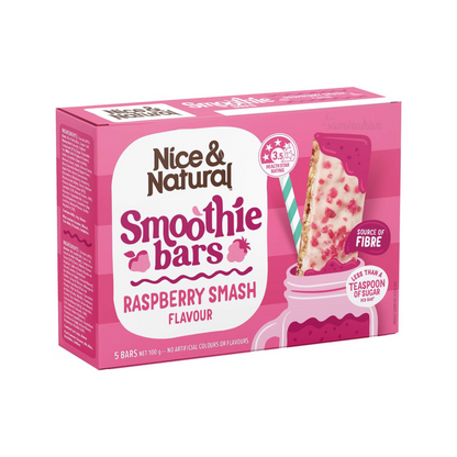 Nice & Natural Smoothie Bar Raspberry Smash, made with oats & rice puffs, is a source of fibre & has less than a teaspoon of sugar per bar. Best imported foreign Australian Aussie authentic original genuine premium luxury gift ideas fitness health food snack cereal breakfast healthy eats price in Dhaka Bangladesh.