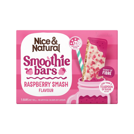 Nice & Natural Smoothie Bar Raspberry Smash, made with oats & rice puffs, is a source of fibre & has less than a teaspoon of sugar per bar. Best imported foreign Australian Aussie authentic original genuine premium luxury gift ideas fitness health food snack cereal breakfast healthy eats price in Dhaka Bangladesh.