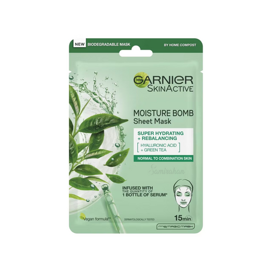 Garnier Moisture Bomb Hydrating Green Tea is a revolutionary sheet mask to supercharge your skin.  Enriched with Hyaluronic Acid & Green Tea for a hydrating & rebalancing effect. Best imported foreign UK English British genuine authentic real skin care skincare beauty cheap price in Dhaka Chittagong Sylhet Bangladesh.