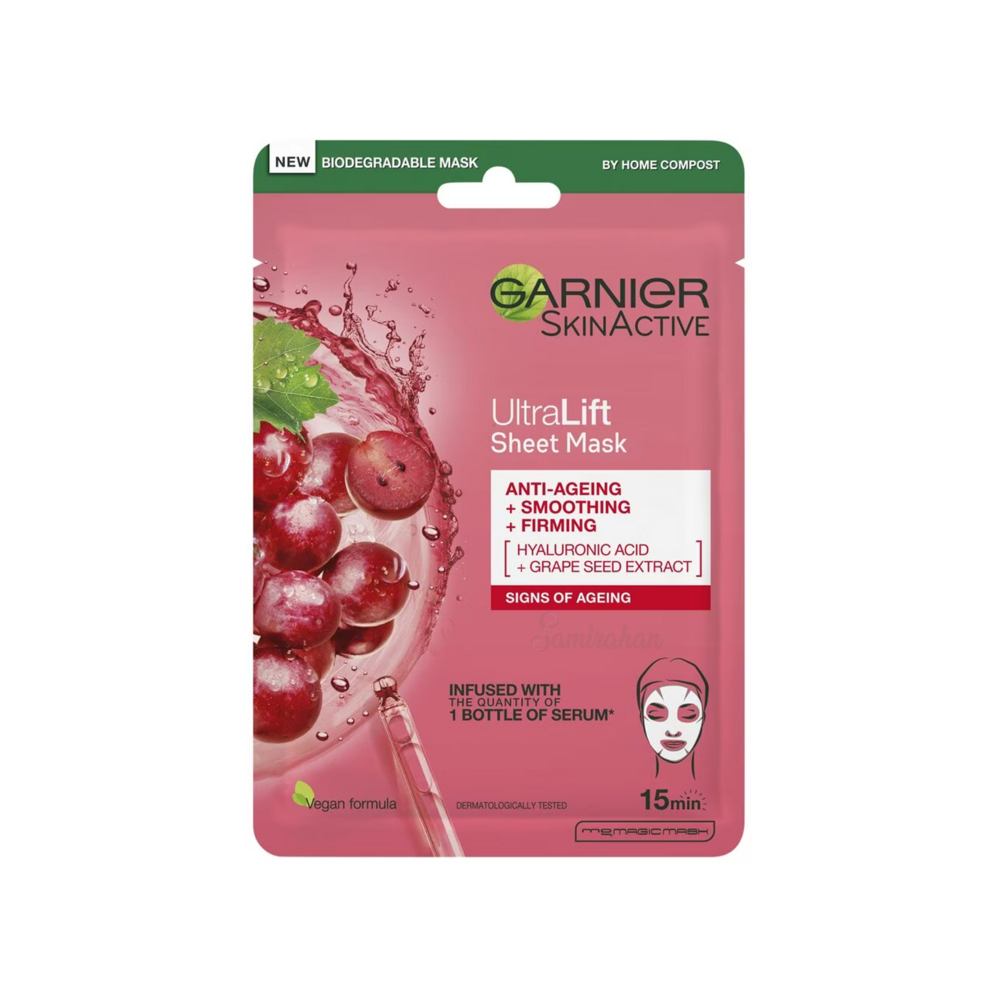Garnier SkinActive UltraLift Anti-Ageing Smoothing Firming Face Sheet Mask hydrates & revitalises skin. Contains Grape Seed extract & hyaluronic acid. Best imported foreign UK English British genuine authentic real skin care skincare beauty cosmetics premium cheap price in Dhaka Chittagong Sylhet Bangladesh.
