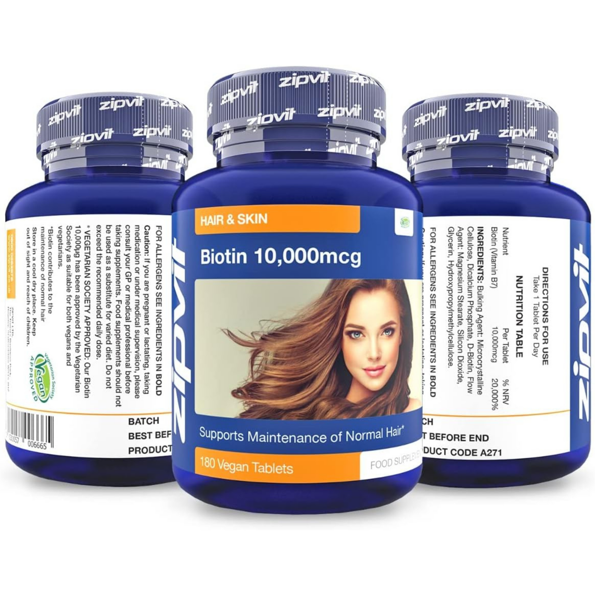 Zipvit Biotin Hair & Skin Supplement is a double strength Biotin which contributes to the maintenance of normal hair & skin. Best imported foreign genuine authentic real UK British premium quality health beauty skin care skincare dietary anti ageing supplement cheap price in Dhaka Chittagong Sylhet Bangladesh.