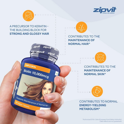Zipvit Biotin Hair & Skin Supplement is a double strength Biotin which contributes to the maintenance of normal hair & skin. Best imported foreign genuine authentic real UK British premium quality health beauty skin care skincare dietary anti ageing supplement cheap price in Dhaka Chittagong Sylhet Bangladesh.