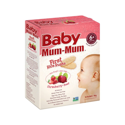 Baby Mum Mum First Rice Rusk Strawberry & Beetroot 6+ Months are made from premium grain, fruits & vegetables. No artificial colour or flavor. Halal certified. Best imported foreign Australian Aussie genuine authentic premium quality real child snack healthy price in Dhaka Chittagong Sylhet Khulna Rajshahi Bangladesh.
