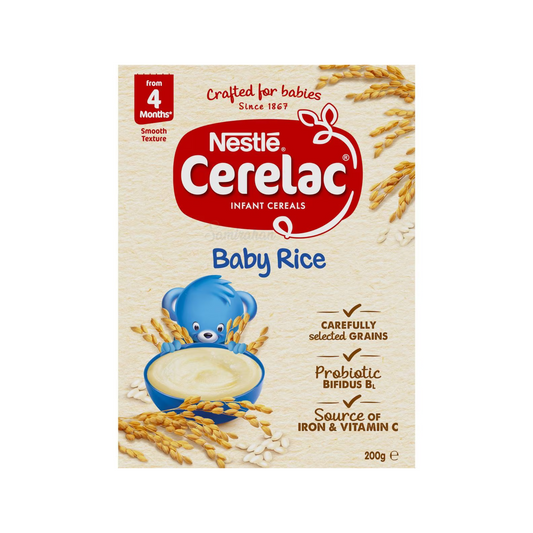 Nestle Cerelac Baby Rice Cereal contains single grains & is rich in iron. When prepared, it has a smooth texture ideal for babies from 4 months. Halal certified. Best imported foreign Australian Aussie genuine authentic premium quality real child infant snack food healthy price in Dhaka Chittagong Sylhet Bangladesh.