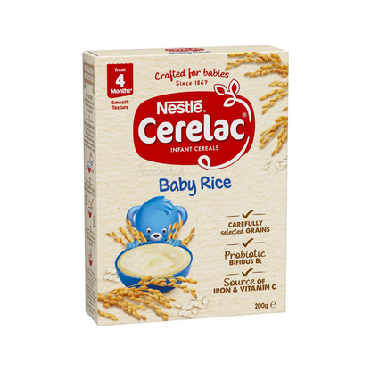 Nestle Cerelac Baby Rice Cereal contains single grains & is rich in iron. When prepared, it has a smooth texture ideal for babies from 4 months. Halal certified. Best imported foreign Australian Aussie genuine authentic premium quality real child infant snack food healthy price in Dhaka Chittagong Sylhet Bangladesh.