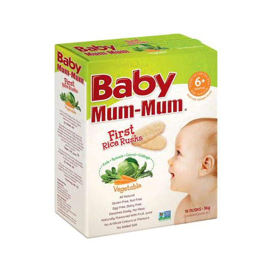 Baby Mum Mum First Rice Rusk With Vegetable 6+ Months are made from premium grain, fruits & vegetables. No artificial colour or flavor. Halal certified. Best imported foreign Australian Aussie genuine authentic premium quality real child snack healthy price in Dhaka Chittagong Sylhet Khulna Rajshahi Bangladesh.