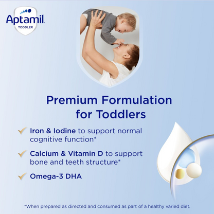 Aptamil Gold+ 3 Toddler Milk Formula From 1+ Year is a nutritional supplement premium baby milk formula, suitable for infants from 1 years and over. Halal & vegetarian suitable. Best genuine real authentic Australian New Zealand cow quality safe healthy feeding food powder cheap price in Dhaka Chittagong Bangladesh.