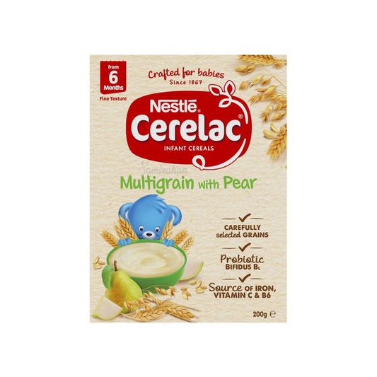 Nestle Cerelac Pear Baby Cereal contains multi grains rich in iron. When prepared, it has a smooth texture ideal for babies from 6 months. Halal certified. Best imported foreign Australian Aussie genuine authentic premium quality real child infant snack food healthy price in Dhaka Chittagong Sylhet Comilla Bangladesh.