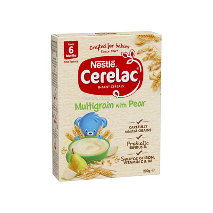 Nestle Cerelac Pear Baby Cereal contains multi grains rich in iron. When prepared, it has a smooth texture ideal for babies from 6 months. Halal certified. Best imported foreign Australian Aussie genuine authentic premium quality real child infant snack food healthy price in Dhaka Chittagong Sylhet Comilla Bangladesh.
