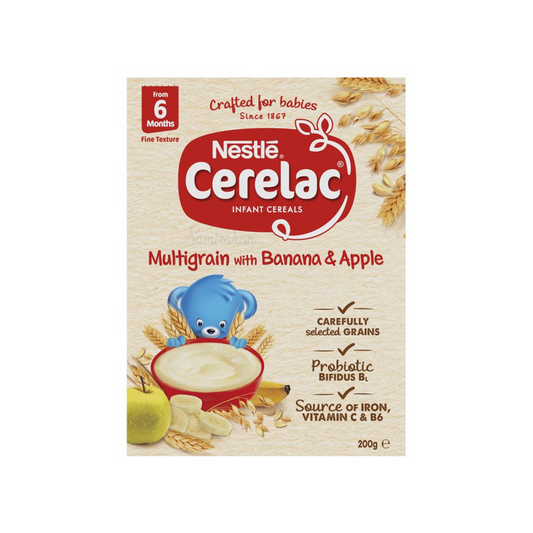 Nestle Cerelac Banana & Apple Baby Cereal contains multi grain rich in iron. When prepared, it has a smooth texture ideal for babies from 6 months. Halal certified. Best imported foreign Australian Aussie genuine authentic premium quality real child infant snack food healthy price in Dhaka Chittagong Sylhet Bangladesh.