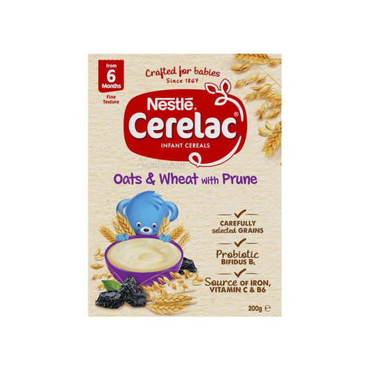 Nestle Cerelac Prune Baby Cereal contains multi grains rich in iron. When prepared, it has a smooth texture ideal for babies from 6 months. Halal certified. Best imported foreign Australian Aussie genuine authentic premium quality real child infant snack food healthy price in Dhaka Chittagong Sylhet Barisal Bangladesh.