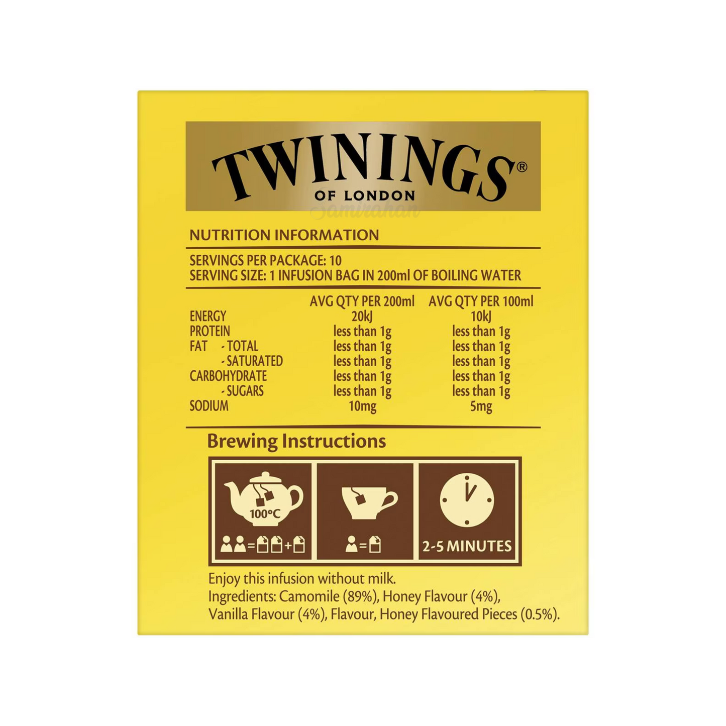 Twinings Camomile Honey & Vanilla is naturally caffeine free. Soothing & delicate, it is a delicious treat just for you. Best genuine authentic foreign imported real Australian British UK instant strong delicious premium luxury quality original tasty tea bag cheap price in Dhaka Chittagong Sylhet Rajshahi Bangladesh.