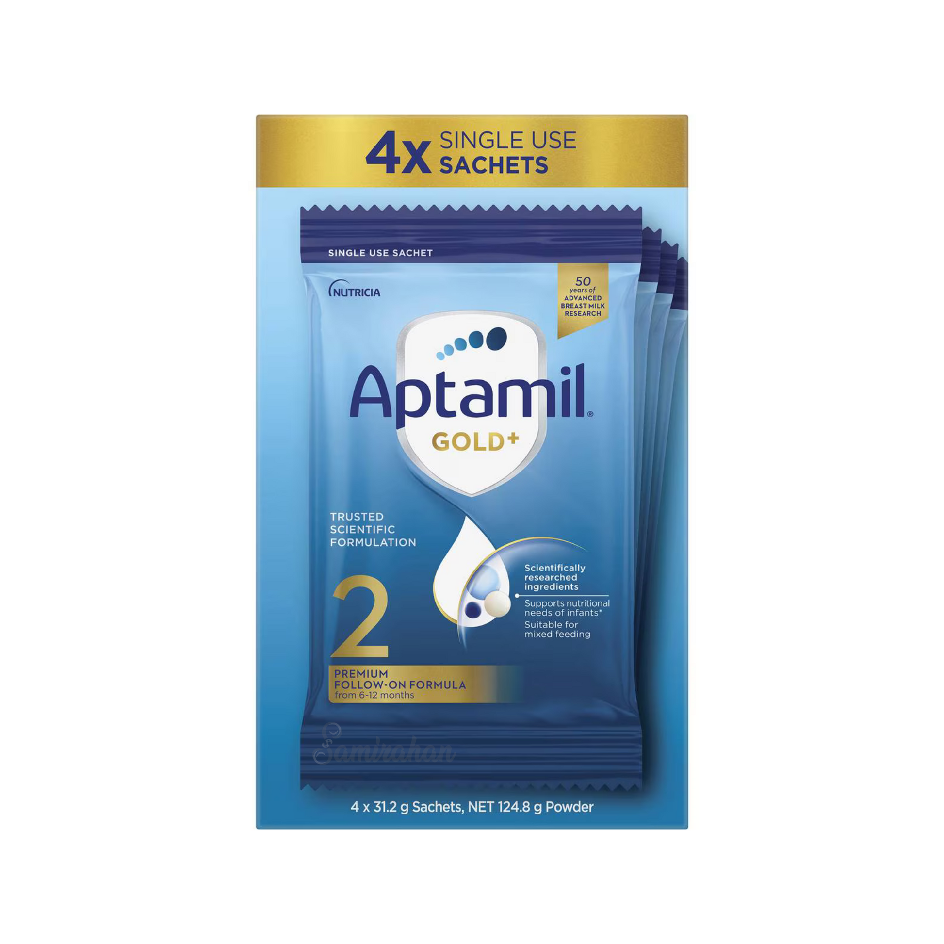 Aptamil Gold+ Stage 2 Follow-on Formula Sachets is a nutritionally complete premium baby milk powder, suitable for infants from 6 to 12 months. Halal vegetarian. Best imported genuine real authentic Australian New Zealand cow brand quality safe healthy feeding food nutrition cheap price in Dhaka Chittagong Bangladesh