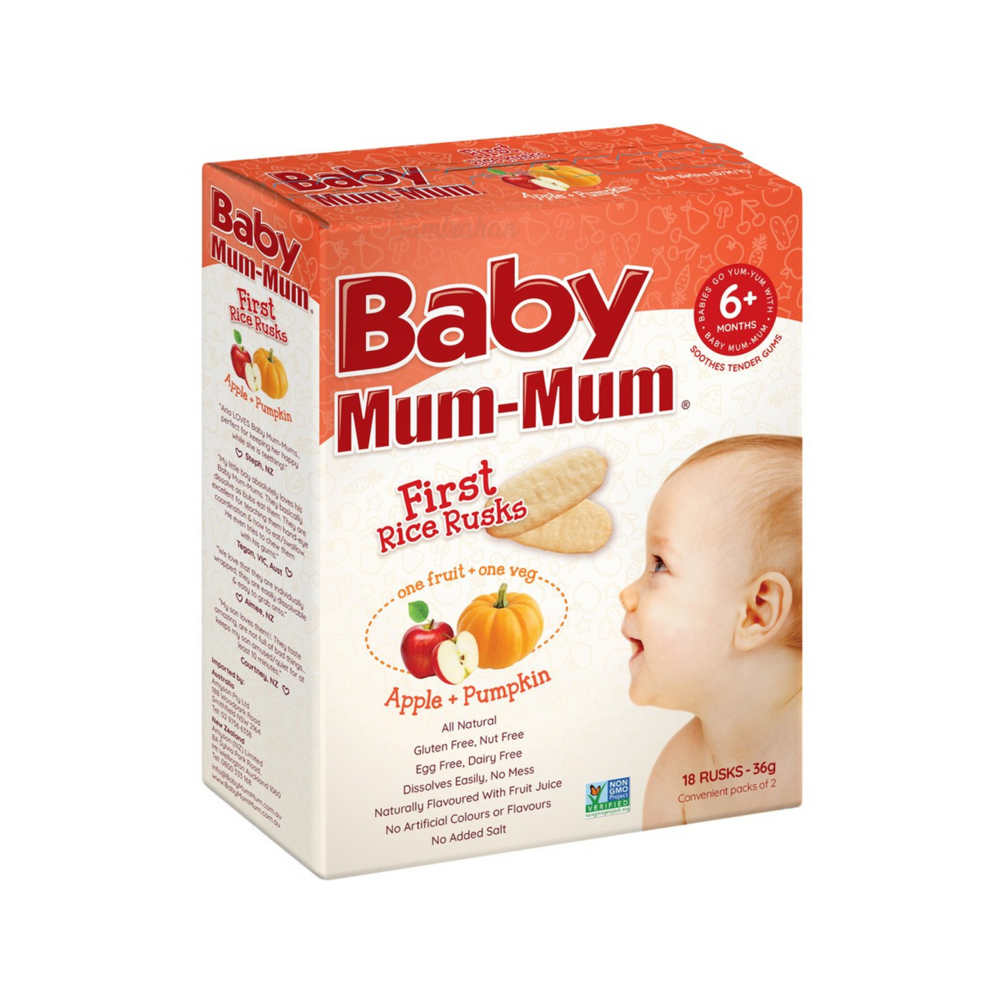 Boost your baby's taste buds with Baby Mum-Mum's delicious Apple & Pumpkin Rice Rusks. No artificial colour or flavor. Halal certified. Best imported foreign Australian Aussie genuine authentic premium quality real child great snack healthy baby food original price in Dhaka Chittagong Sylhet Khulna Rajshahi Bangladesh