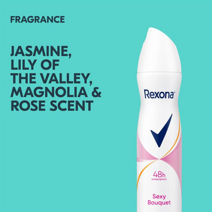 Experience confident freshness with REXONA Women Antiperspirant Aerosol Deodorant Sexy Bouquet. Best imported foreignbv protection Perfume Australian authentic genuine real  Women premium sweat perfect Advanced solutiony Original Confidence luxury brand Body Heat Activated cheap fragrance price in bd Dhaka Bangladesh