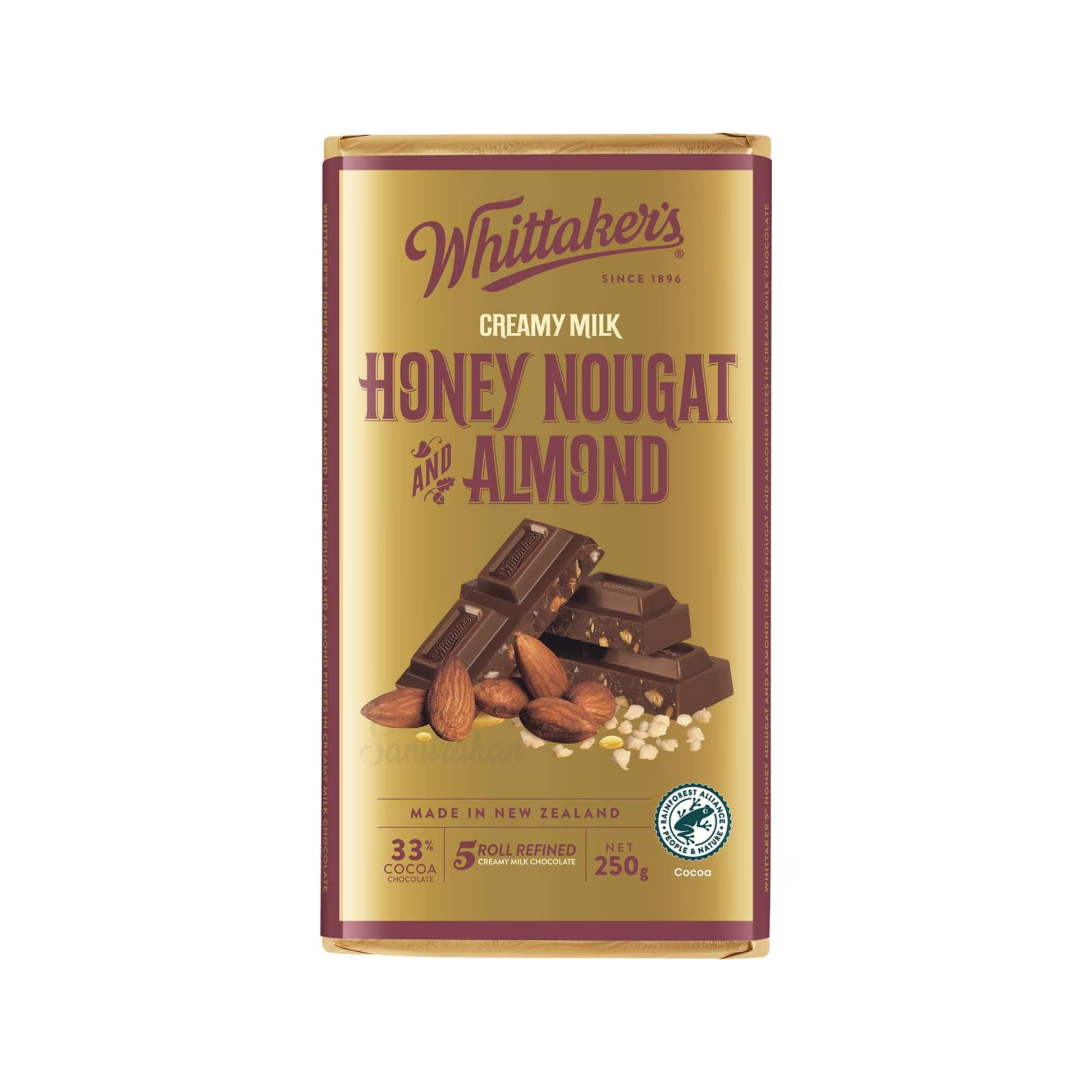 Indulge in the creamy goodness of Whittaker's Honey Nougat & Almond Creamy Milk Chocolate Bar. Halal suitable. Best imported foreign Australian Aussie genuine authentic original brand premium good quality mojadar family pack sweets gift idea candy real snack choco cocoa price in bd Dhaka Chittagong Sylhet Bangladesh.