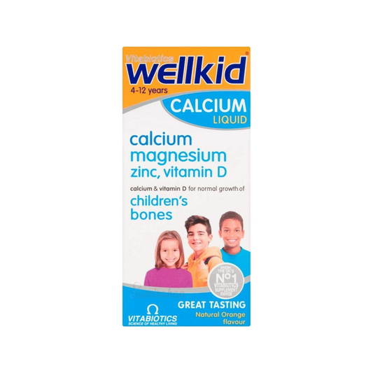 Vitabiotics Wellkid Calcium Liquid is a Bone support ideal for kids. Ideal energy stomach imported great support 4 to 12 age original brand Best UK based development child healthcare alcohol free Zinc vitamin D gluten Orange Food supplement Nutrition Expert doctor Recommending available price in bd Dhaka Bangladesh