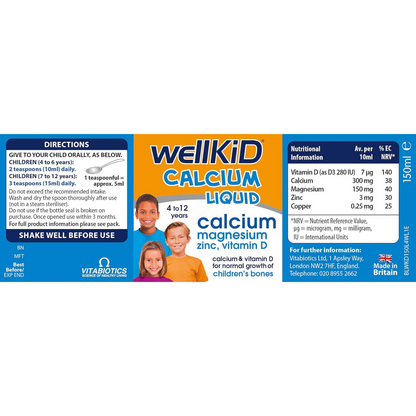 Vitabiotics Wellkid Calcium Liquid is a Bone support ideal for kids. Ideal energy stomach imported great support 4 to 12 age original brand Best UK based development child healthcare alcohol free Zinc vitamin D gluten Orange Food supplement Nutrition Expert doctor Recommending available price in bd Dhaka Bangladesh