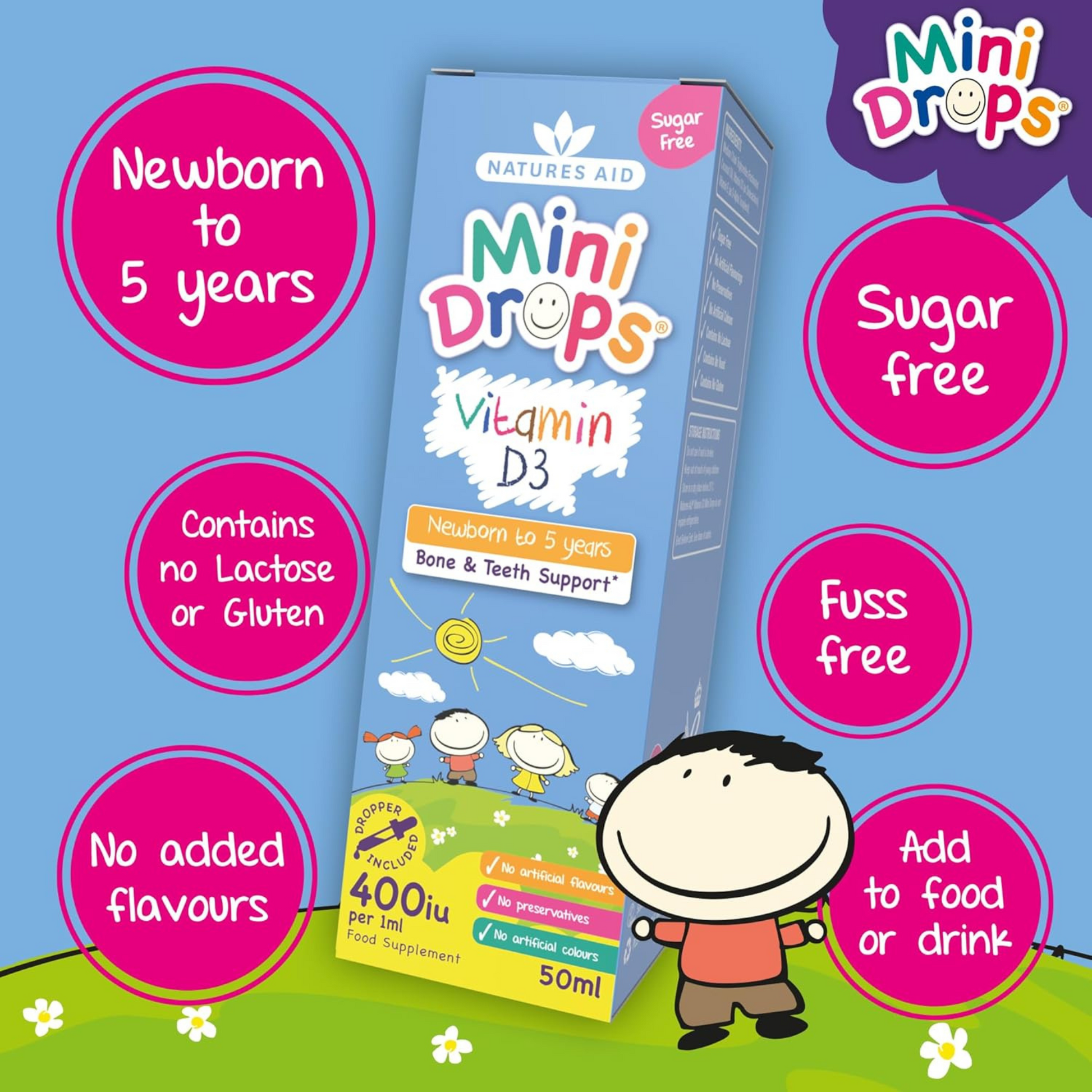 Natures Aid Vitamin D3 Mini Drop Infant Children Bone Teeth nutrient calcium strong healthy growing Best Kids import genuine authentic UK baby low price in bd