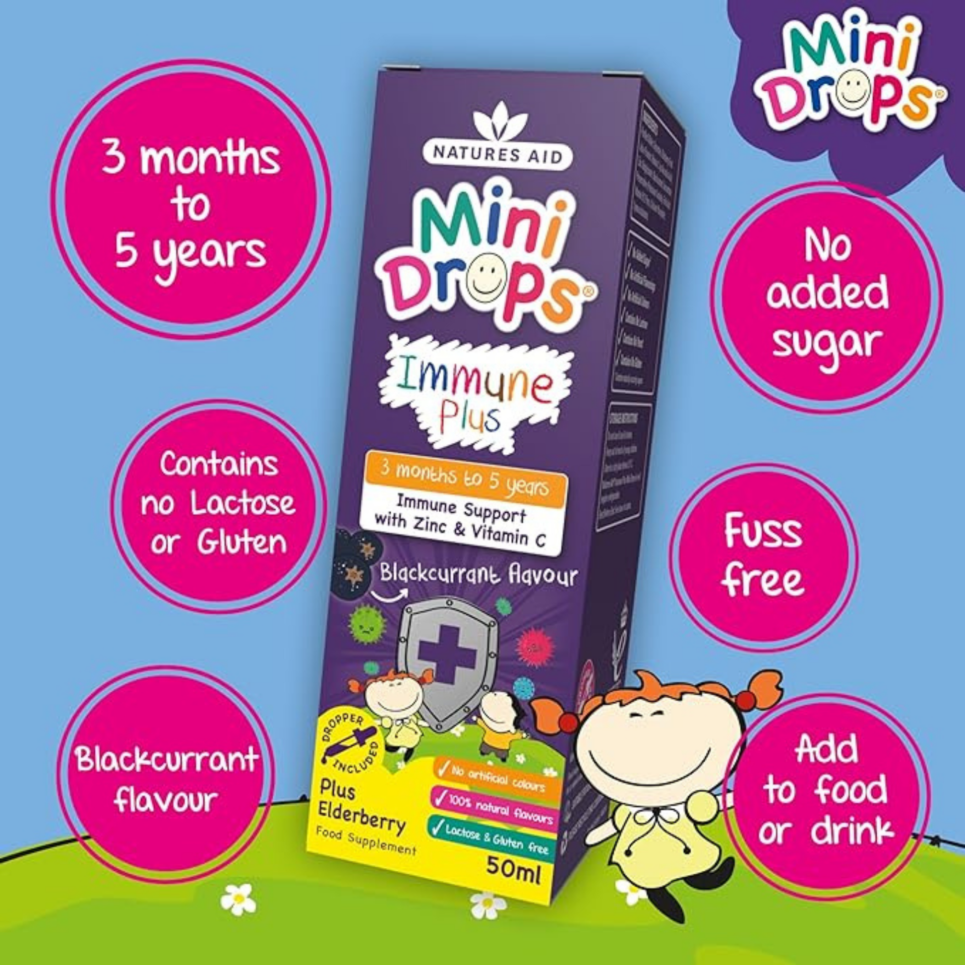 Natures Aid MiniDrops Immune Plus for Kids nutrition children support growth Best Kid imported Elderberry genuine UK premium health baby supplement low price bd