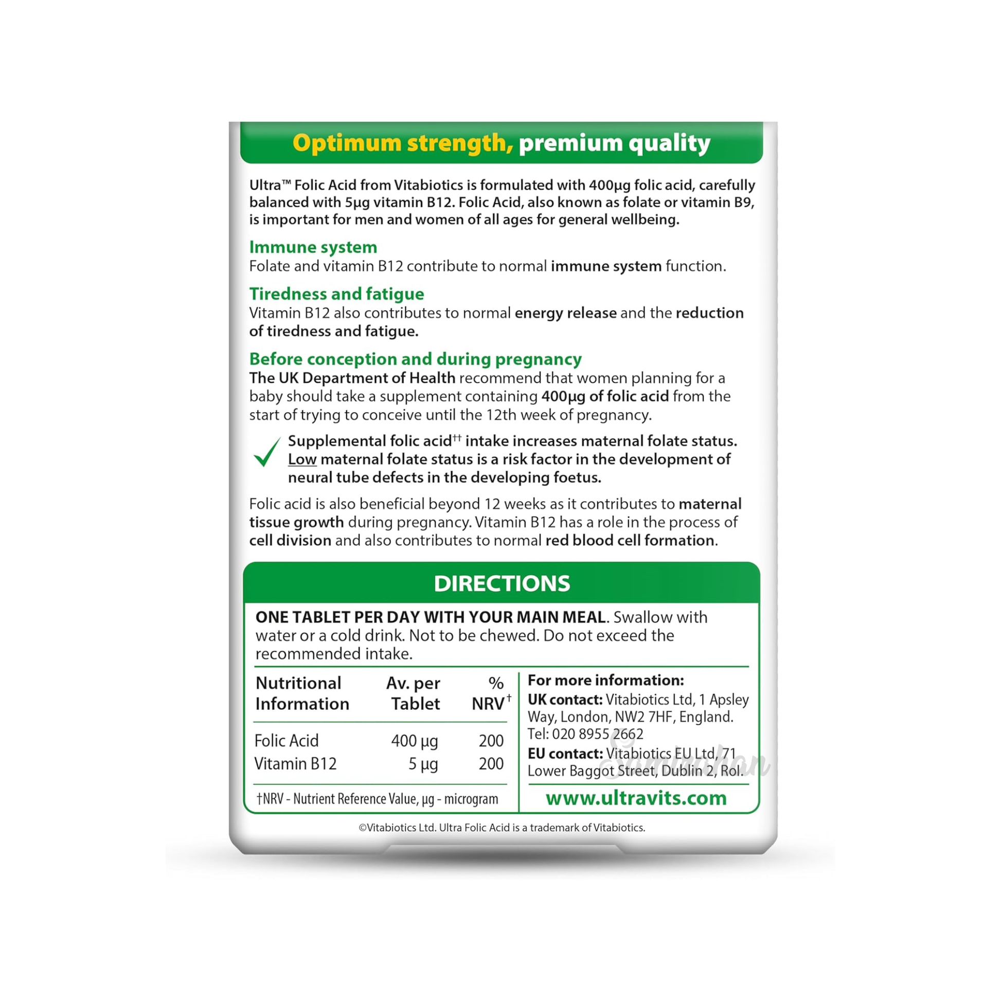 Vitabiotics Ultra Folic Acid 400µg Vitamin B12 Tablet Suitable Vegan vitamin premium brand authentic import original Best UK healthcare low price in bd Dhaka