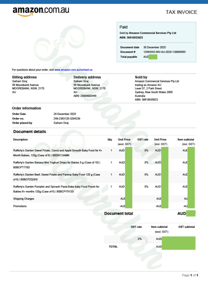 রাফার্টি'স গার্ডেন পাম্পকিন এন্ড স্পিনাচ পাস্তা বেক বেবি ফুড পাউচ ৬+ মাস (অস্ট্রেলিয়া) ১২০গ্রাম