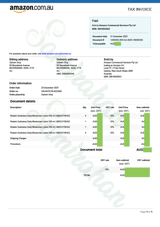 Redwin Sorbolene Daily Moisturiser With Vitamin E (Australia) 550mL
