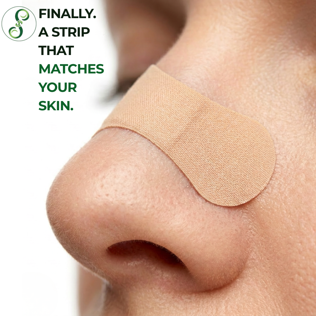 Nose with a beige patch and text 'Finally. A strip that matches your skin.' nasal strips breathing support allergy relief athletic fitness performance sport gym wellness sleep apnea snoring snore deviated septum restful night snoring apnea oxygen boost premium tech authentic BD Dhaka Sylhet Chittagong Bogra Narayanpur Narayanganj Dhanmondi Bashundhara Uttara Gulshan Banani DOHS