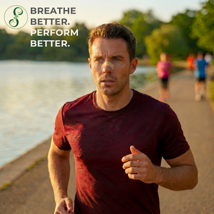 Man running by a lake with 'Breathe Better. Perform Better.' text and logo. nasal strips breathing support allergy relief athletic fitness performance sport gym wellness sleep apnea snoring snore deviated septum restful night snoring apnea oxygen boost premium tech authentic BD Dhaka Sylhet Chittagong Bogra Narayanpur Narayanganj Dhanmondi Bashundhara Uttara Gulshan Banani DOHS