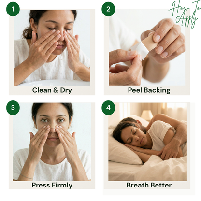Step-by-step guide on applying a product with images of a woman cleaning, peeling, pressing, and sleeping. nasal strips breathing support allergy relief athletic fitness performance sport gym wellness sleep apnea snoring snore deviated septum restful night snoring apnea oxygen boost premium tech authentic BD Dhaka Sylhet Chittagong Bogra Narayanpur Narayanganj Dhanmondi Bashundhara Uttara Gulshan Banani DOHS