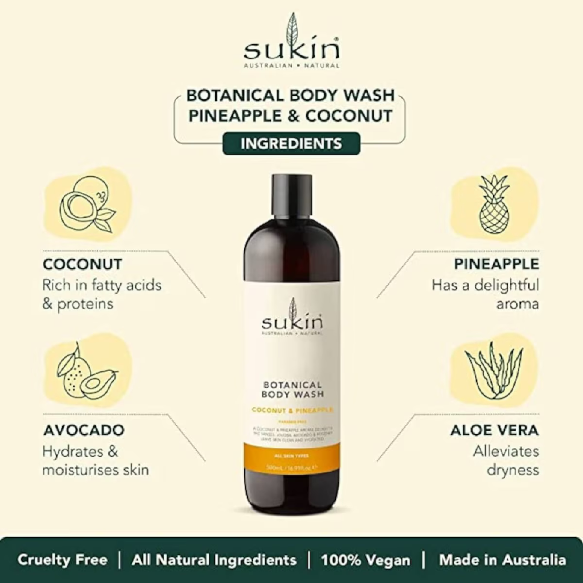 Sukin Pineapple Coconut Body Wash imported Australia best low price authentic genuine premium vegan body cleanser natural skincare online shop Dhaka Bangladesh Notun Bazar Vatara Baridhara Nadda Pallabi Farmgate Motijheel Golapbag