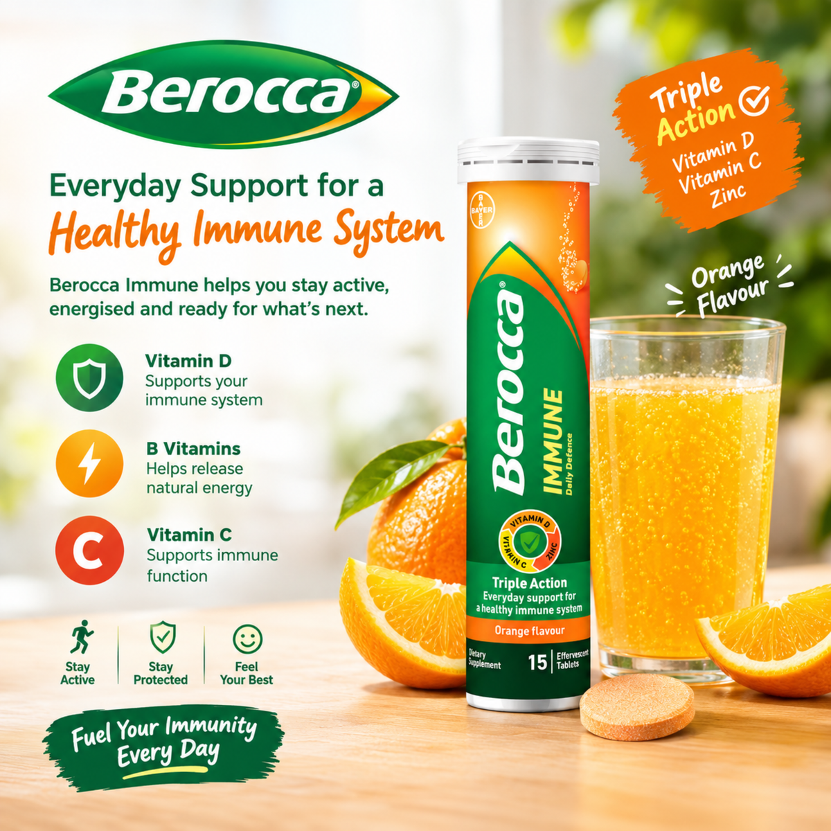 Berocca Immune Daily Defence Orange Effervescent Multivitamin Drink imported Australia authentic premium brand low price BD Dhaka Chittagong Sylhet Bangladesh Tangail Jhenaidah Keraniganj Beanibazar Chattogram Chittagong
