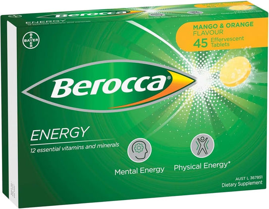 Berocca Energy Vitamin B and C Mango and Orange Flavour Effervescent Multivitamin Drink (Australia) 45 Tablets